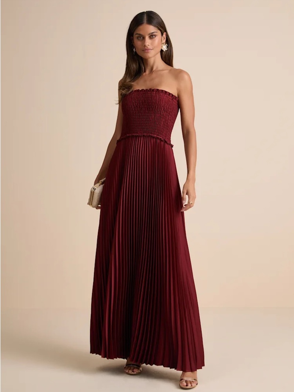 Lulu's Burgundy Strapless Smocked Pleated Maxi Dress